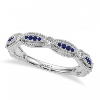 Antique Style Lab Blue Sapphire & Lab Grown Diamond Wedding Ring Band 14K White Gold (0.20ct)